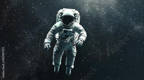 An astronaut floats in space, surrounded by a field of stars