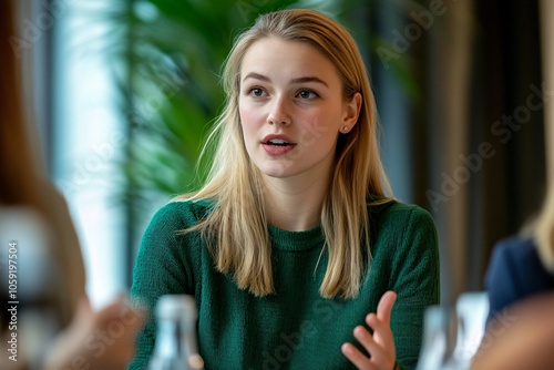 Young woman with blonde hair, wearing a green dress, speaking at a round table meeting, engaged look, front view 1