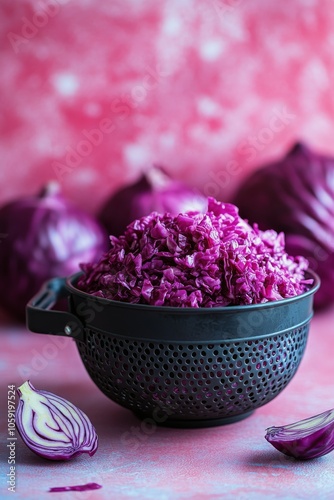 Chopped purple cabbage salad with fresh greens on a wooden cutting board