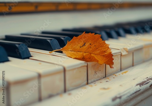 Autumn Leaf Resting on Piano Keys