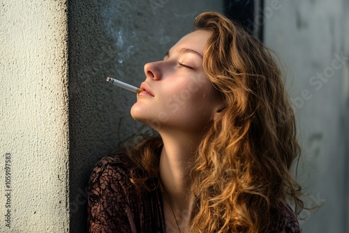 Young woman smoking a cigarette, leaning against a wall, afternoon light, thoughtful, side angle 2