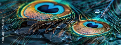 Close Up Of Vibrant Peacock Feathers Partially Submerged In Blue Water