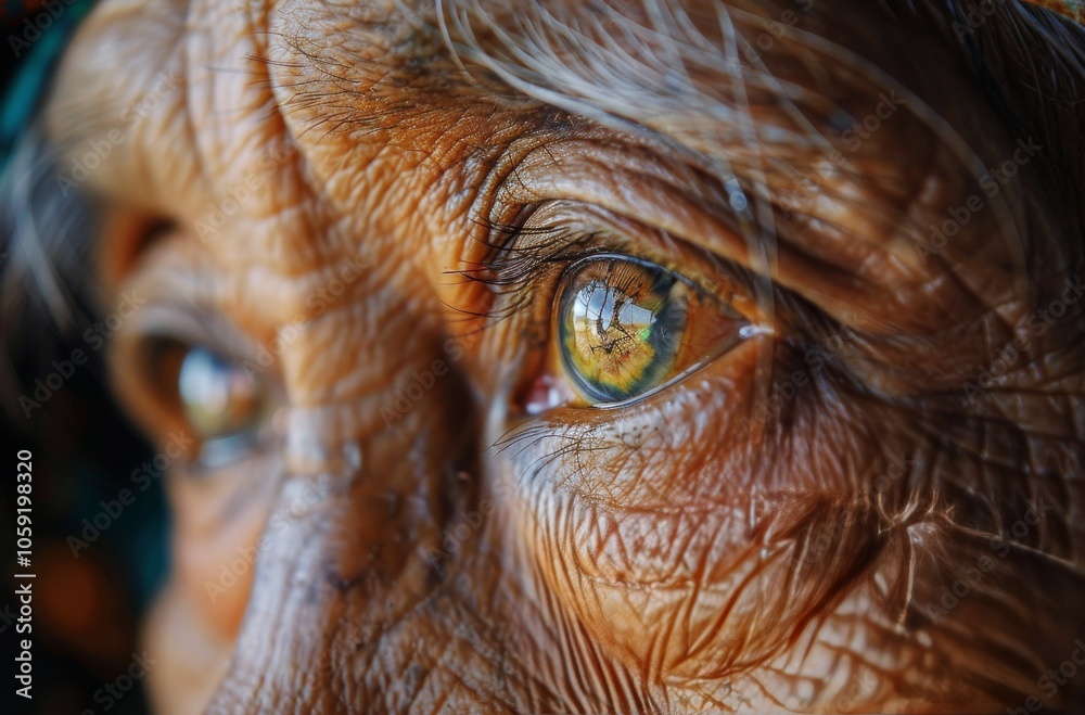 Close Up Of An Elderly Womans Eye With Wrinkles And Reflection