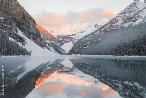 Montagnes enneigées et lac calme au lever du soleil avec reflets roses..