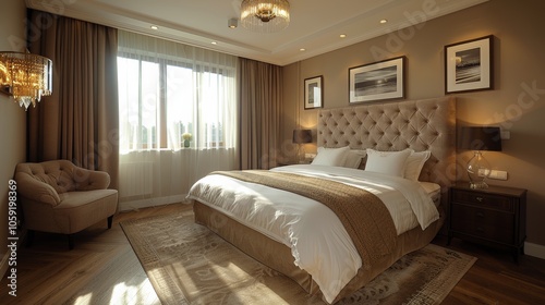 Luxurious Bedroom With Large Bed and Chandelier