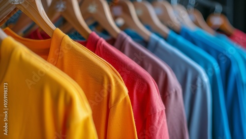 Yellow T-Shirt Hanging on a Rack With Other Colored Shirts in a Store