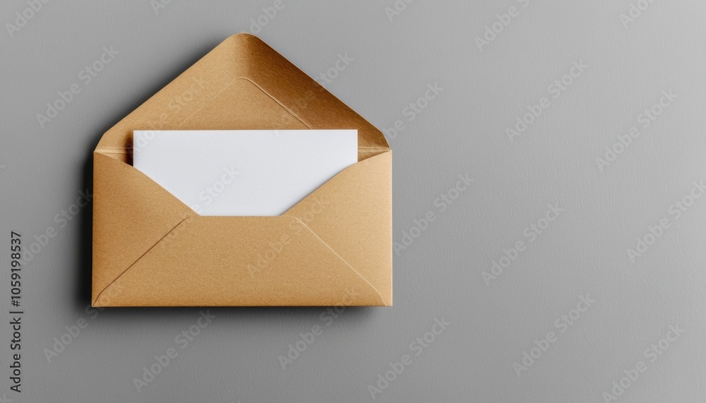 Top view of white card and brown envelope on gray background, symbolizing clean design, stationary mockup, and minimalist aesthetics Top view of white card and brown envelope on gray background, symbolizing clean design, stationary mockup, and minimalist aesthetics