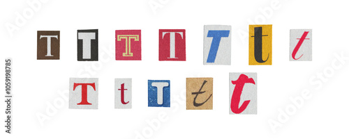 Set of isolated cut-out letter “T” from magazines on a transparent background, retro y2k style