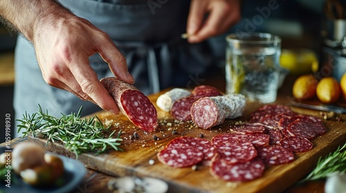 Chef slicing salami on a wooden board with fresh herbs and fruits in a kitchen