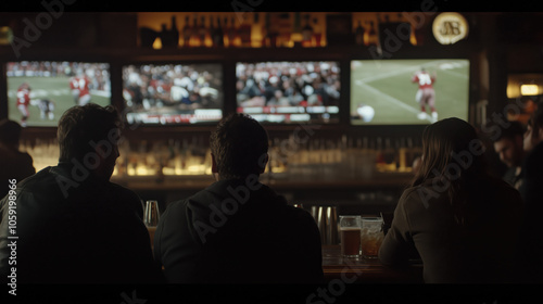 a group of diverse friends in a bar, pub watching the superbowl, American football game on TVs with a crowd cheering in background, after work, happy hour concept