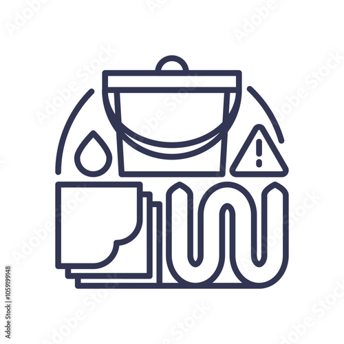 Illustration of containment tools: bucket, cloth, warning sign, and liquid drop.