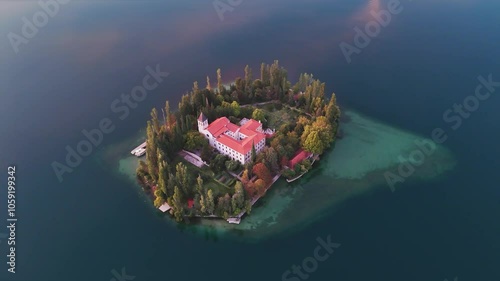 Top-down aerial view Visovac Monastery on the small island in Krka National Park, Croatia photo