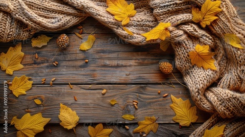 Yellow Autumn Leaves and Knitted Scarves on a Dark Background
