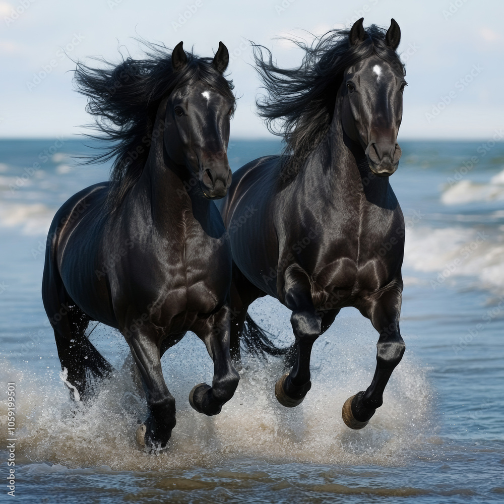 Black horses with flowing manes gallop along the shimmering shoreline, their powerful forms contrasting against the vibrant sea. Black horses with flowing manes gallop along the shimmering shoreline, their powerful forms contrasting against the vibrant sea.
