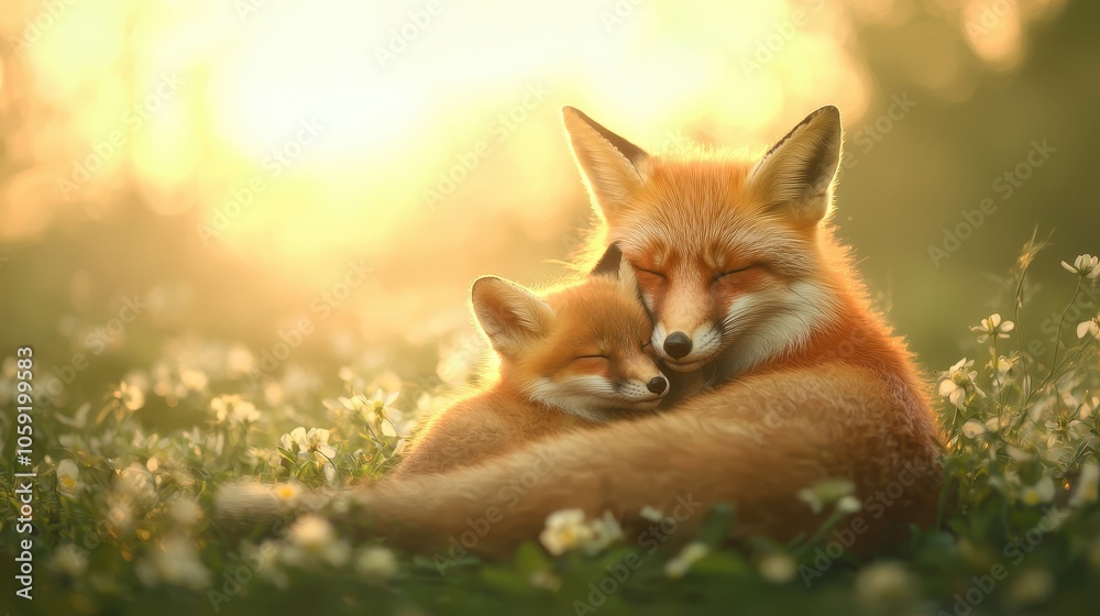 Obraz premium Mother fox and baby fox snuggling together on grass in forest with glowing sunlight
