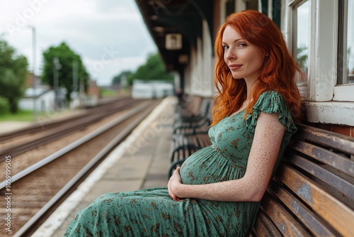 Pregnant woman with red hair, wearing a green dress, sitting on a bench at the train station platform 1