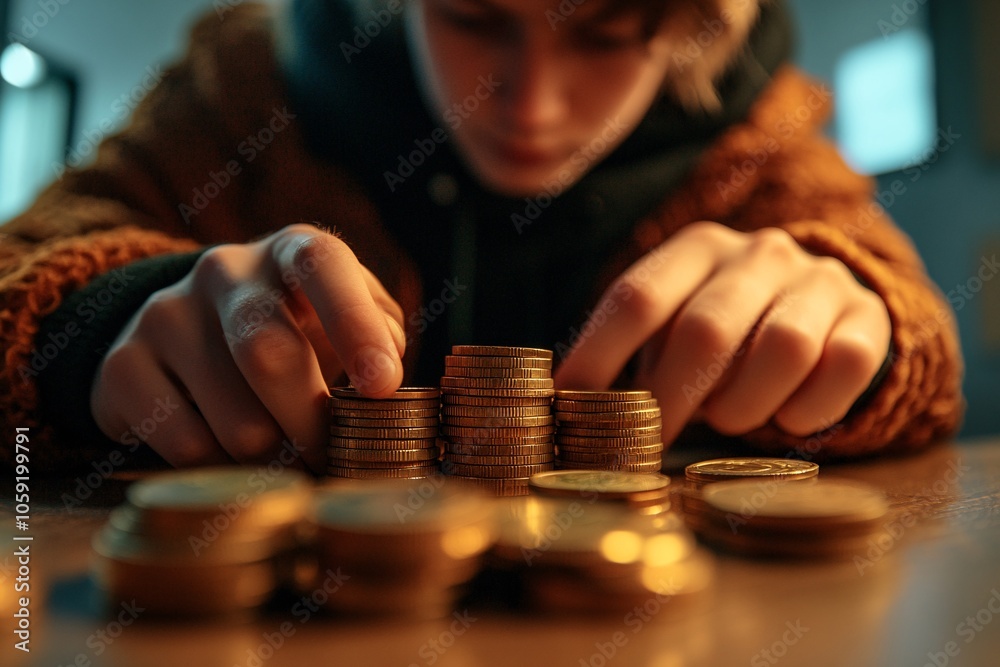 Portrait of a person stacking euro coins on a table, focused expression, indoor setting, medium shot, side angle 6 Portrait of a person stacking euro coins on a table, focused expression, indoor setting, medium shot, side angle 6