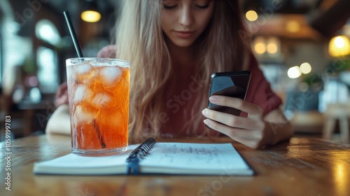 Young woman sitting at a cafe, checking her phone while enjoying a drink duri...