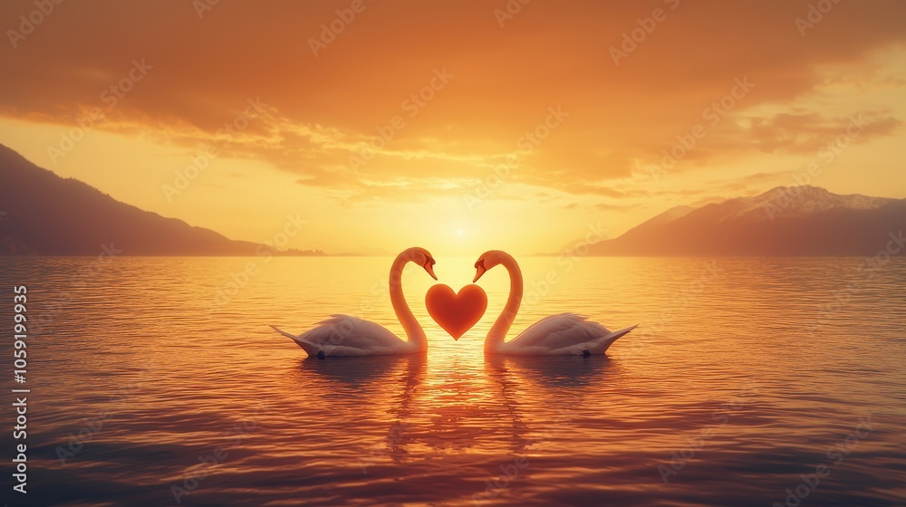 Fototapeta premium Two swans forming heart shape with necks on lake during a beautiful warm sunset