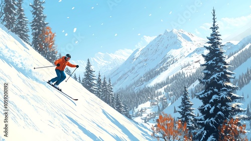 Skier descends snowy mountain slope.