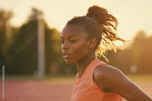 Portrait of a female runner sprinting on a track, outdoor setting, determined expression, evening light, side angle 4 photo