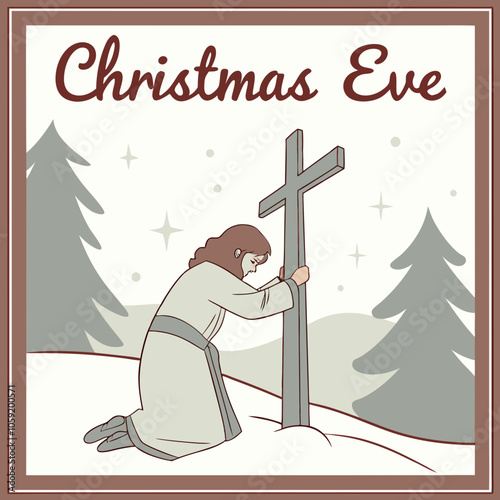 Christmas Eve: A solitary figure kneels before a wooden cross amidst a snowy landscape, adorned with pine trees and a twinkling starry sky. The scene evokes a sense of peace and solitude.