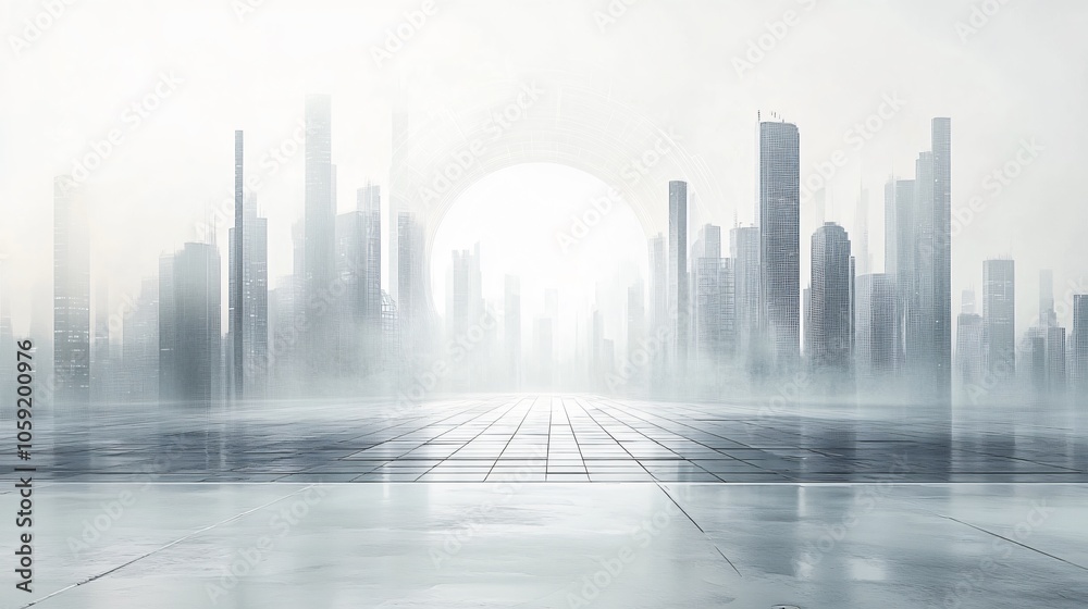 Fototapeta premium Urban Illusion: Commercial CBD Skyline with Exhibition Platforms and E-Commerce Under a Brilliant Sun
