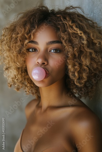 Young woman with curly hair blowing a bubble, captured in a close-up portrait...