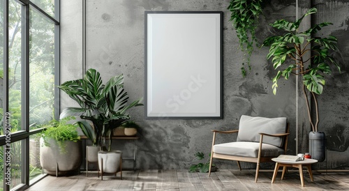 Modern Living Room With Grey Chair and Large Window View