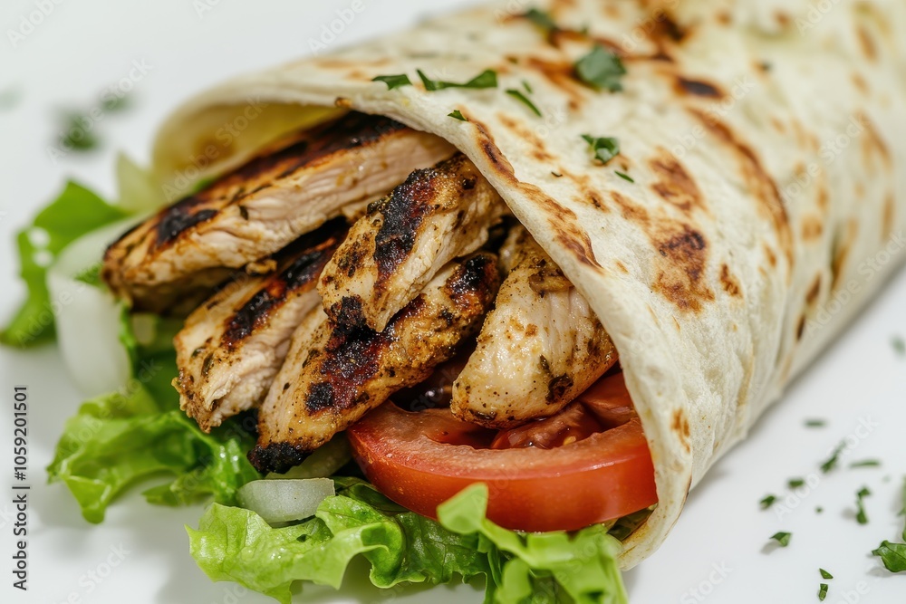 A detailed view of a chicken shawarma wrap with lettuce tomato and onion on a white backdrop