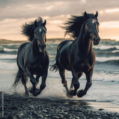 Black horses with flowing manes gallop along the shimmering shoreline, their powerful forms contrasting against the vibrant sea.