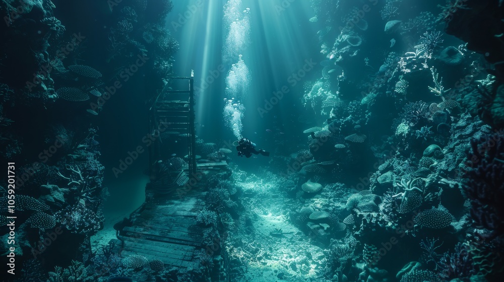 Obraz premium Scuba Diver Exploring Vibrant Coral Reef Ecosystem