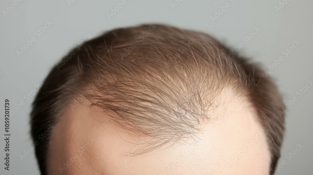 Close-up of a man's thinning hair on a light background, highlighting signs of hair loss. Close-up of a man's thinning hair on a light background, highlighting signs of hair loss.