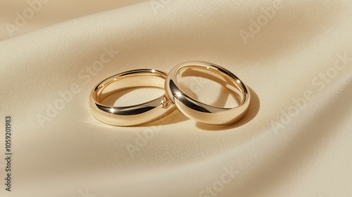 Elegant gold wedding bands on a luxurious fabric, symbolizing love and commitment.