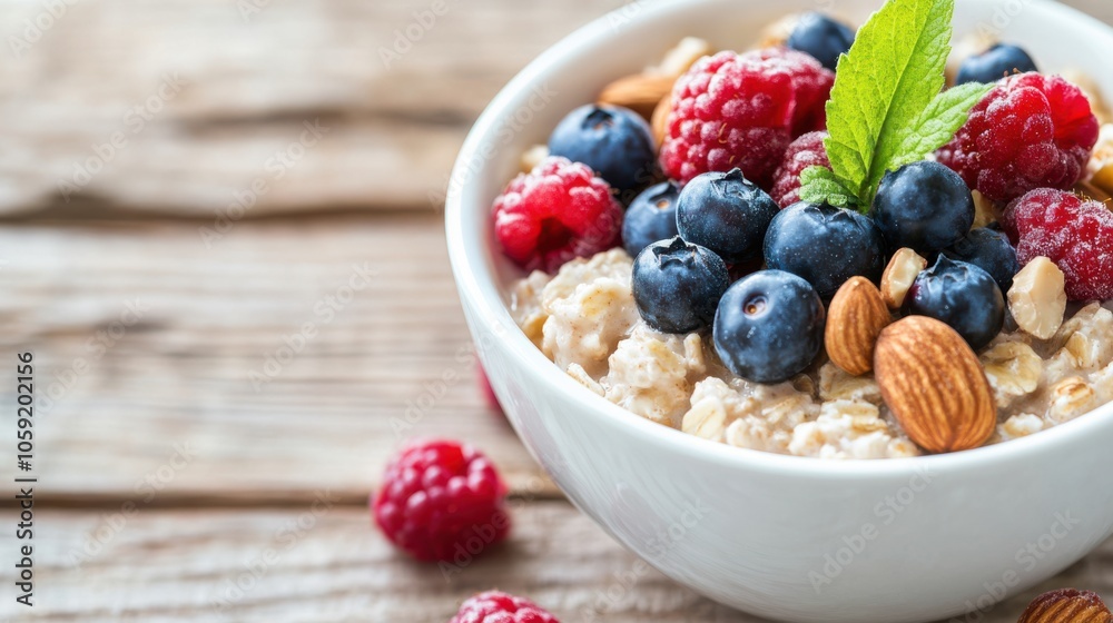 A healthy breakfast of oatmeal, berries, and nuts with a heading about how proper nutrition