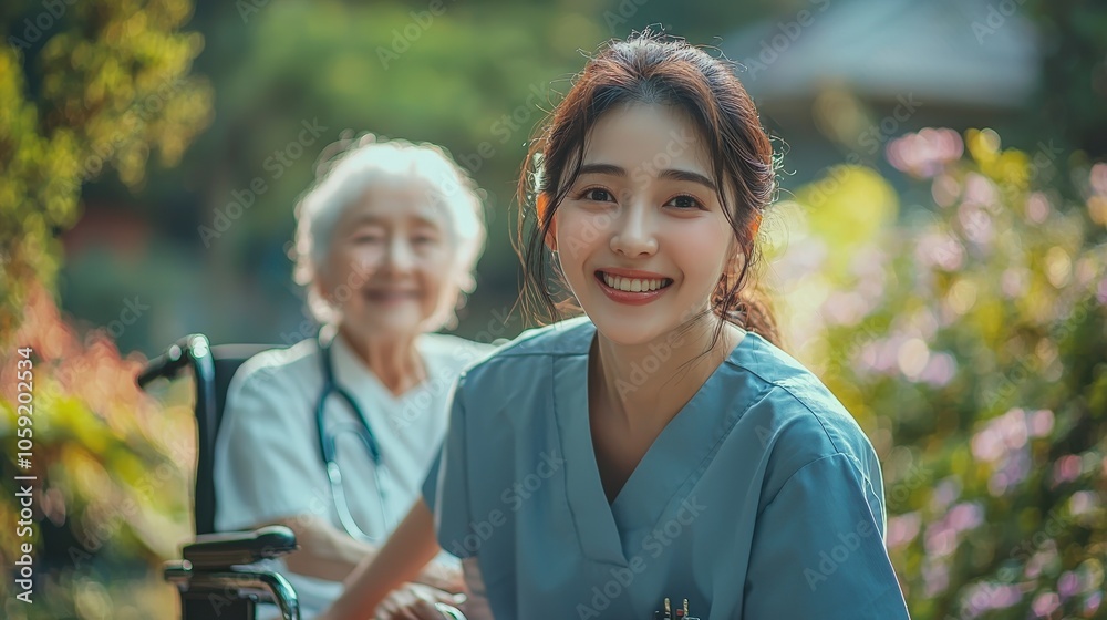 A young caregiver shares a cheerful moment with an elder in a wheelchair, framed by vibrant flowers and greenery, representing joy, care, and companionship. A young caregiver shares a cheerful moment with an elder in a wheelchair, framed by vibrant flowers and greenery, representing joy, care, and companionship.