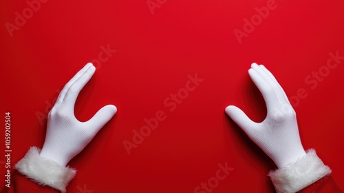 Festive red background with Santa s gloved hands creating a frame, symbolizing holiday cheer, Christmas announcements, and greeting card concepts photo