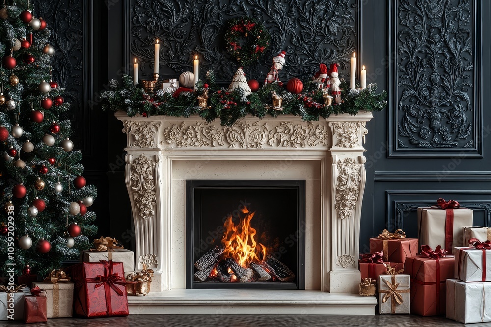 Elegant Christmas fireplace with gifts, candles, and a beautifully decorated tree. Warm firelight illuminating a stylish interior. Elegant Christmas fireplace with gifts, candles, and a beautifully decorated tree. Warm firelight illuminating a stylish interior.
