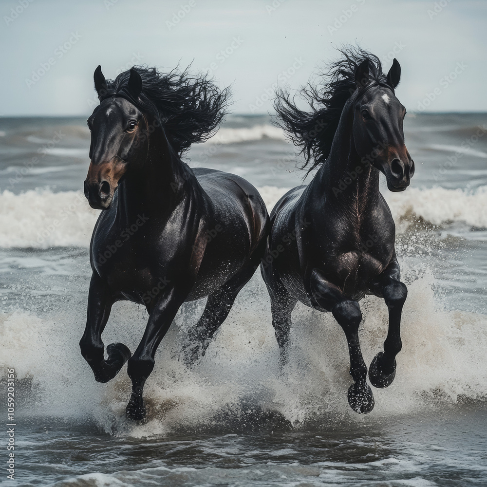 Black horses with flowing manes gallop along the shimmering shoreline, their powerful forms contrasting against the vibrant sea. Black horses with flowing manes gallop along the shimmering shoreline, their powerful forms contrasting against the vibrant sea.
