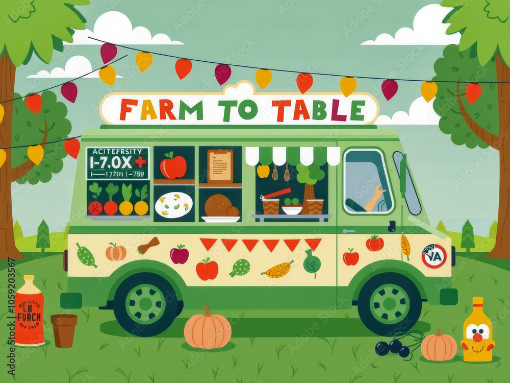 A green farm to table food truck with a sign on the side that says Farm to Table. The truck is parked in a grassy area with trees in the background