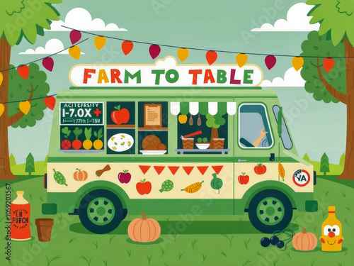 Obraz na płótnie A green farm to table food truck with a sign on the side that says Farm to Table. The truck is parked in a grassy area with trees in the background w salonie