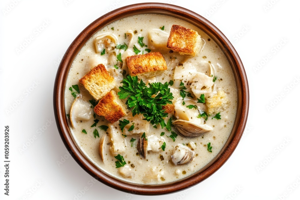 A top view of clam chowder garnished with parsley and croutons on a white background A top view of clam chowder garnished with parsley and croutons on a white background