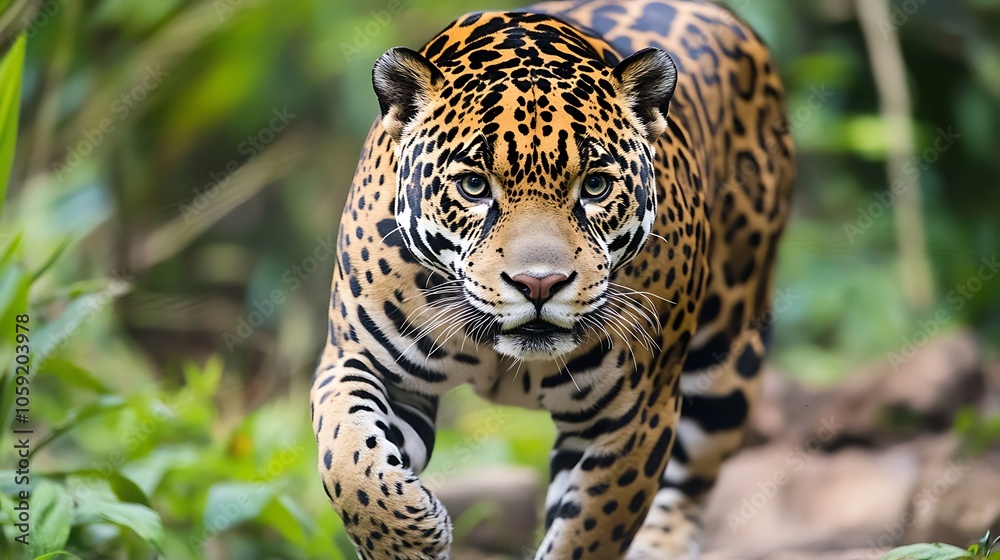 A Close-Up Portrait of a Jaguar with Intense Gaze in a Lush Green Forest Setting A Close-Up Portrait of a Jaguar with Intense Gaze in a Lush Green Forest Setting
