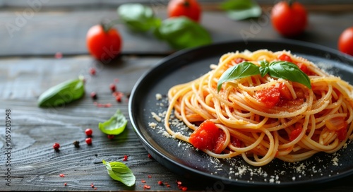 A Plate of Spaghetti With Tomato Sauce and Basil on a Wooden Table