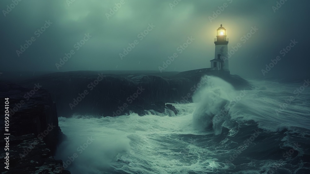 Fototapeta premium Lighthouse Battling Powerful Ocean Waves.
