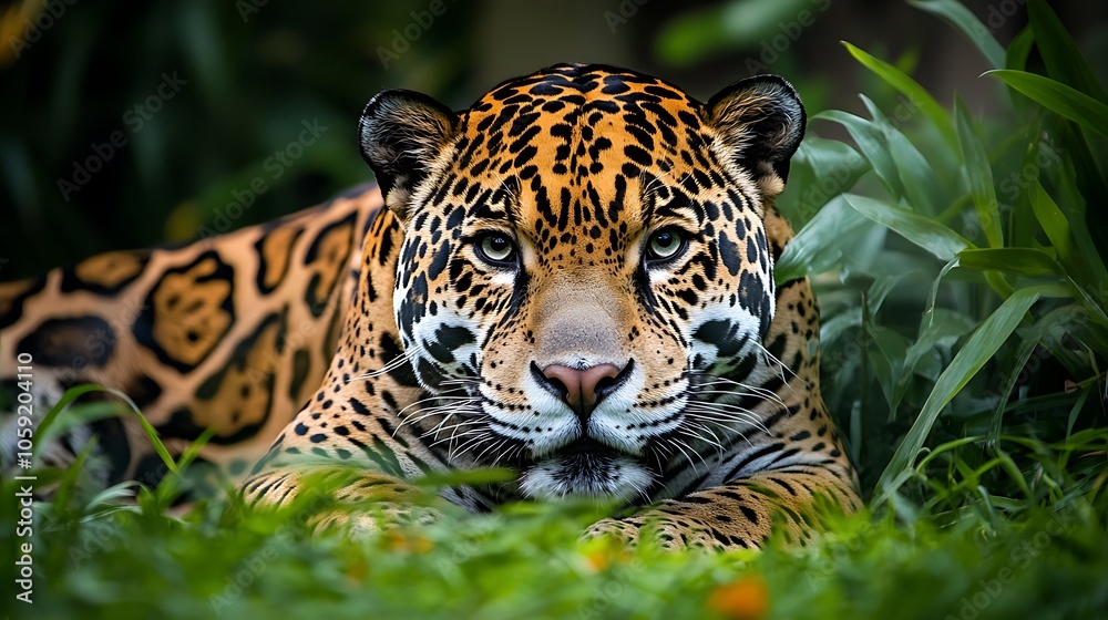 Close-up of a Jaguar's Face with Green Foliage in the Background