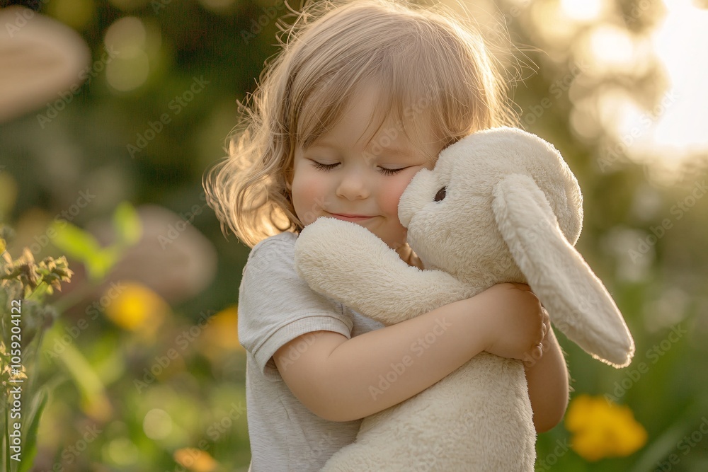 Cute toddler hugging a bunny plush, outdoor garden setting, bright daylight, side angle 3 Cute toddler hugging a bunny plush, outdoor garden setting, bright daylight, side angle 3