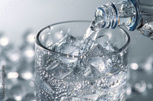 Pouring Sparkling Water Into Glass With Ice Cubes