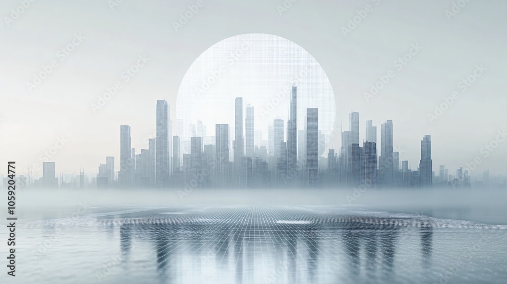Fototapeta premium Urban Illusion: Commercial CBD Skyline with Exhibition Platforms and E-Commerce Under a Brilliant Sun