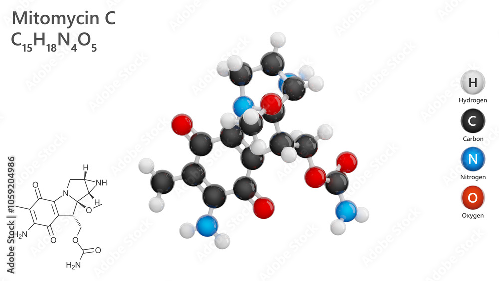 Molecule: Mitomycin C. Antitumor antibiotic. Molecular structure. Formula: C15H18N4O5. Chemical model: Ball and stick. White background. 3D illustration. Molecule: Mitomycin C. Antitumor antibiotic. Molecular structure. Formula: C15H18N4O5. Chemical model: Ball and stick. White background. 3D illustration.